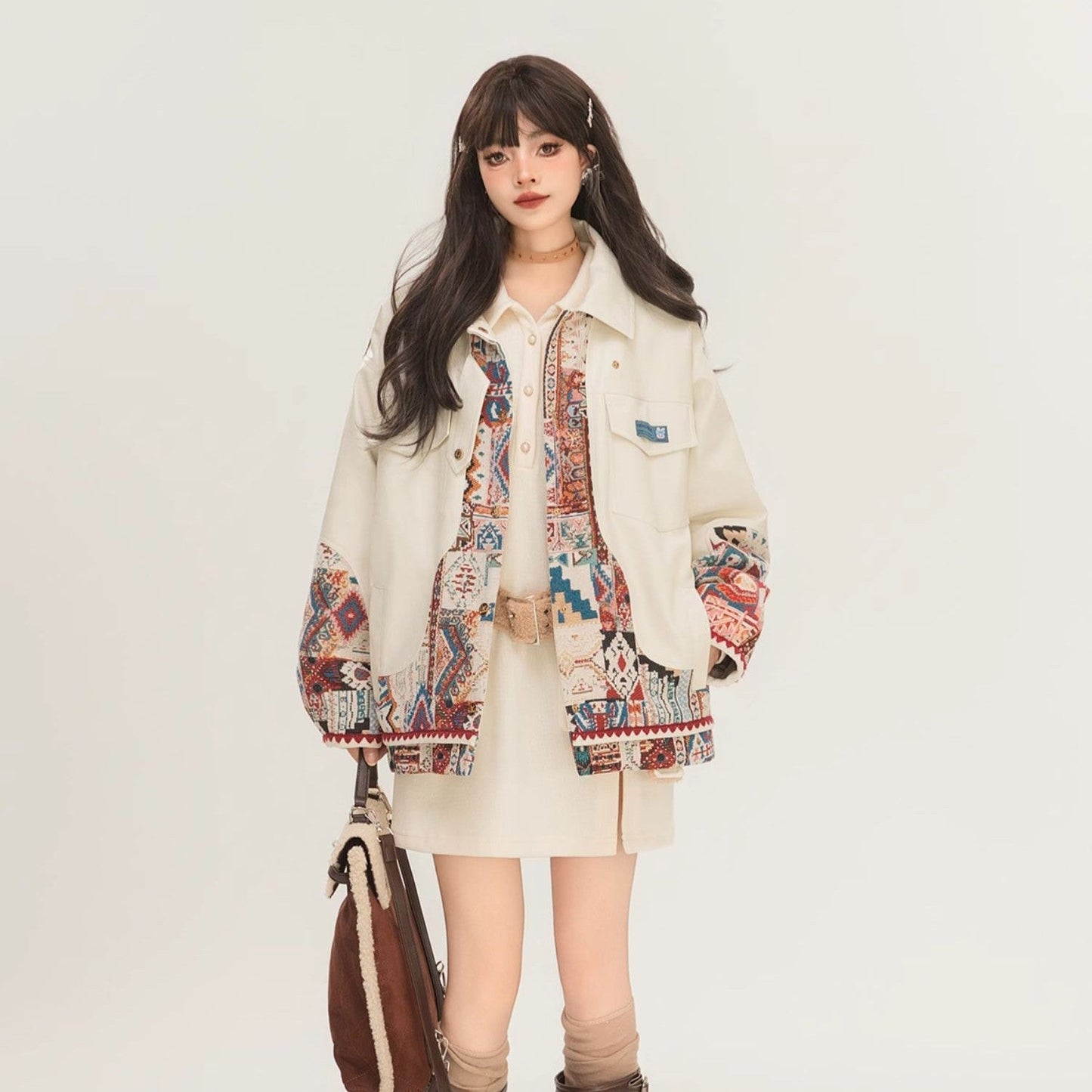 Jacquard Splicing Motorcycle PU Leather Jacket LadyShow.Store
