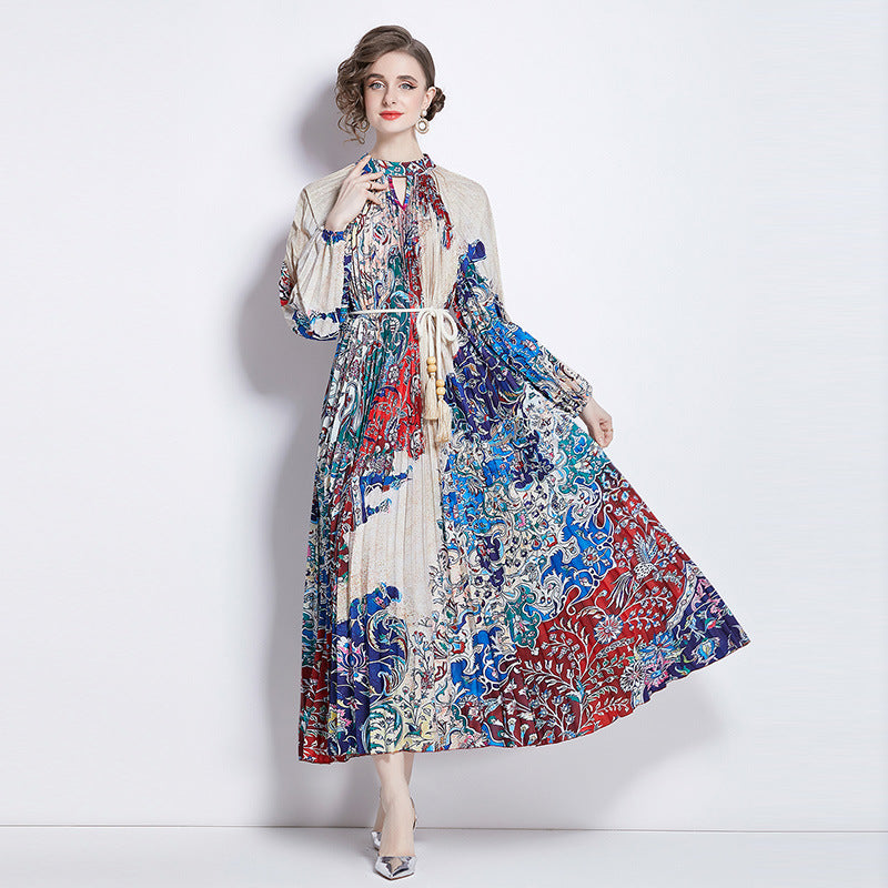 Pleated Tassel Belt Dress Women NorixaFashion.com