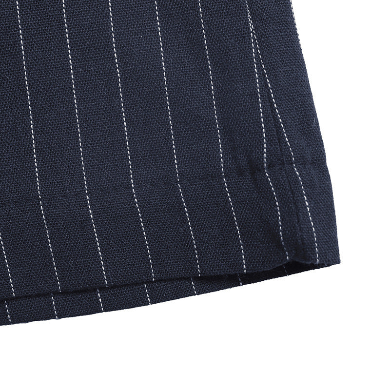 Navy Pinstripe Halter V Neck Button Front Wide Leg Jumpsuit NorixaFashion.com