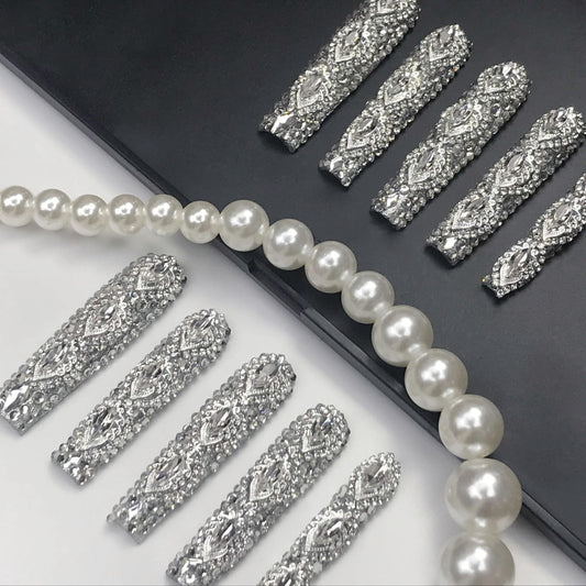 GGddsha Queen Of Haute Style Full Diamond Long NailsPMMA Acrylic Handmade Full Deluxe 3D Crystal Fake Nailsw Box, Gift For Women,Luxe Divinity Tri Light Beauty
