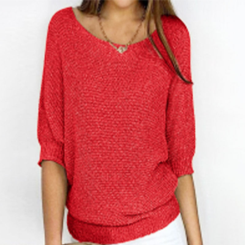Three-quarter Sleeve Pullover Sweater Fashion Solid Color Loose Round Neck Knitted Top For Women Clothing NorixaFashion.com