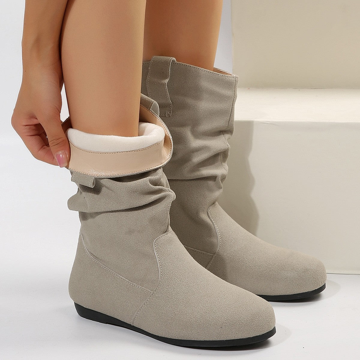 Round Toe Flat Boots Fashion Solid Color Suede Mid-calf Boot Winter Warm Shoes For Women LadyShow.Store