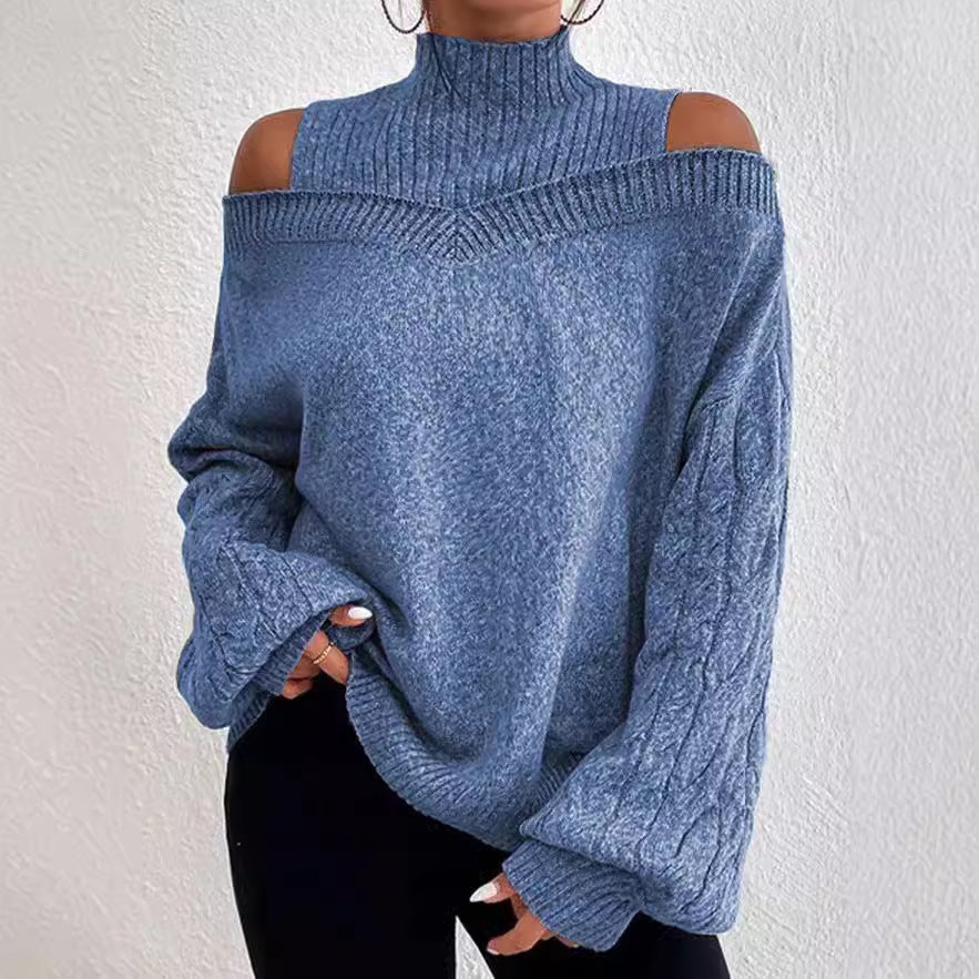 Off-the-shoulder Sweater Women's Pullover Half Turtleneck Autumn And Winter New Lantern Sleeve Sweater NorixaFashion.com