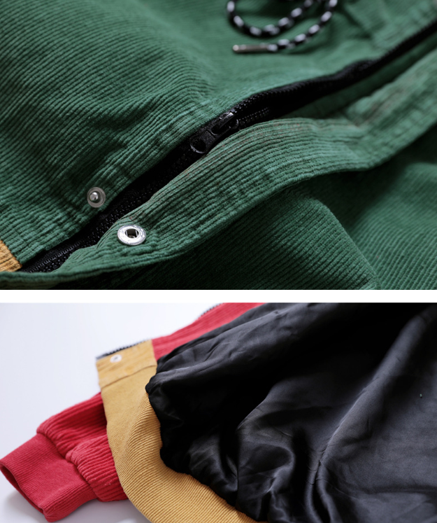 Corduroy Hip-Hop Patchwork Hooded Jacket for Couples Pi-Mart