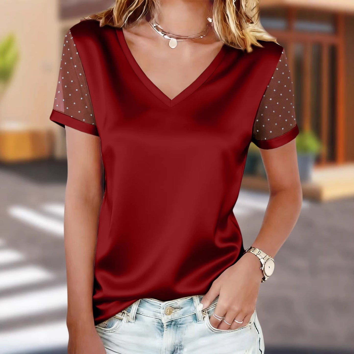 Solid-color V-neck Mesh Rhinestone-studded Short-sleeve T-shirt LadyShow.Store