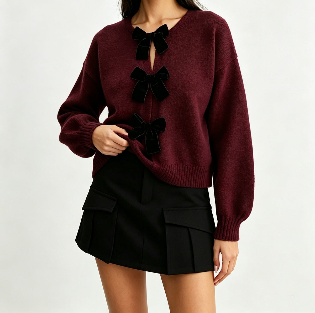 2026 Autumn Cross Border French Retro Bow Sweater Cardigan Round Neck Knitted Coat Women's Top NorixaFashion.com