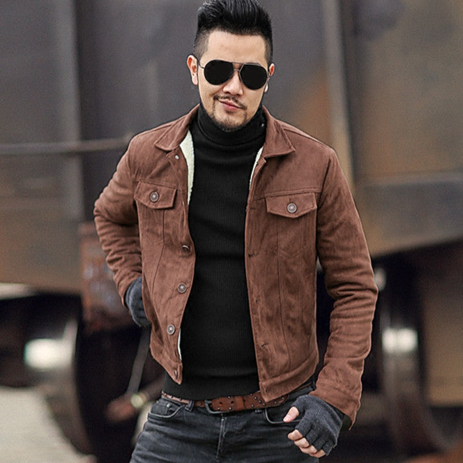 Mao Mao lining men's slim short jacket leatherette men's suede jacket Best YouTube Store
