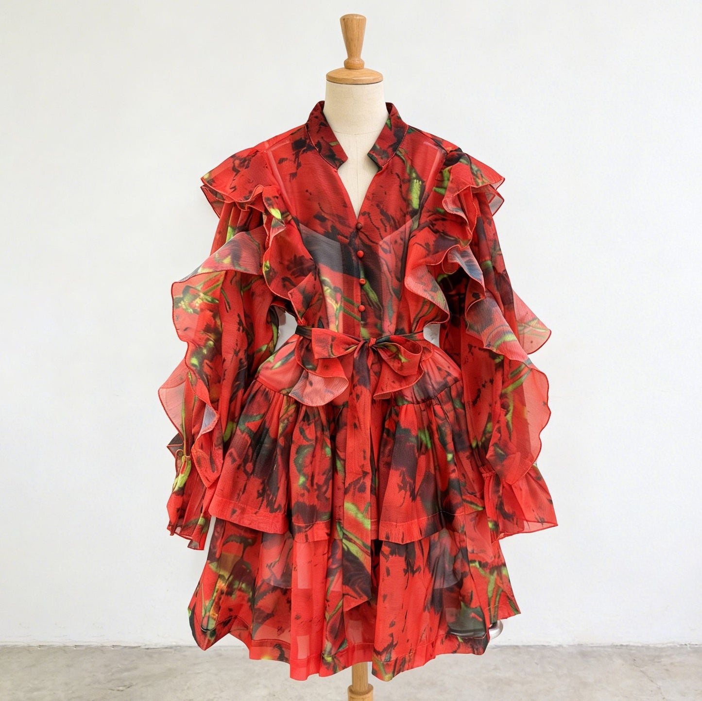 V-neck Ruffled Tie-waist Dress NorixaFashion.com