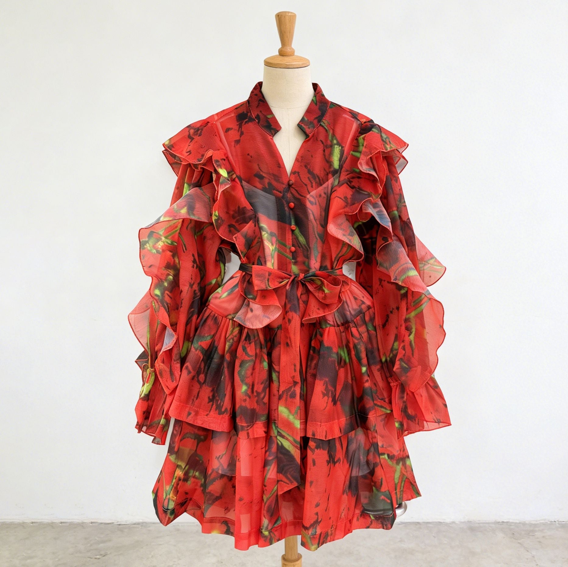 V-neck Ruffled Tie-waist Dress NorixaFashion.com