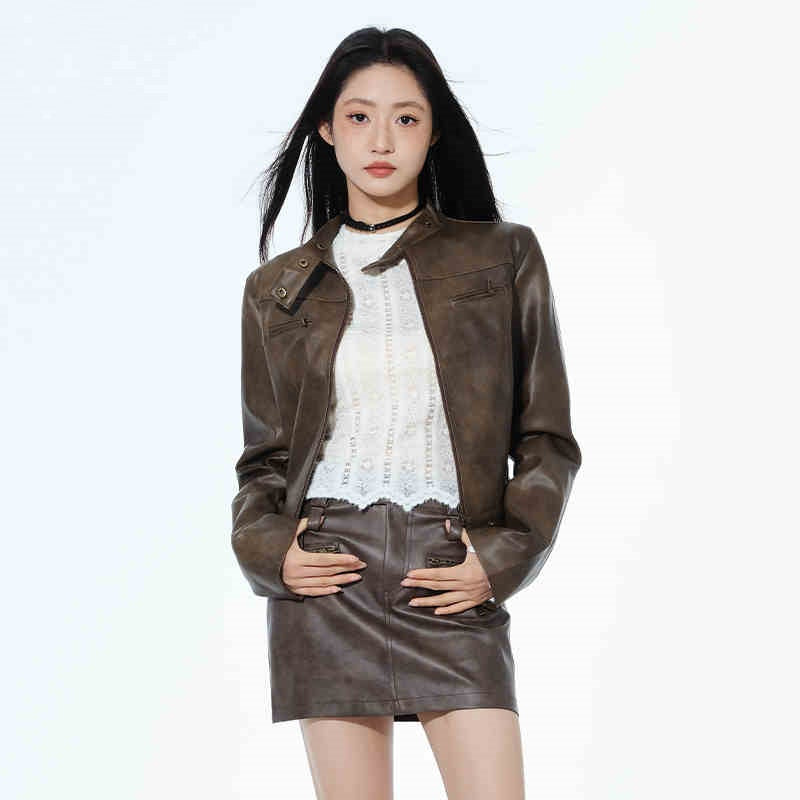 Short Leather Jacket Slim Brown Jacket Motorcycle Jacket LadyShow.Store