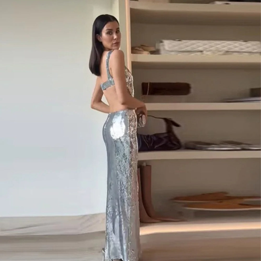 Silver Sequin Halter Dress NorixaFashion.com