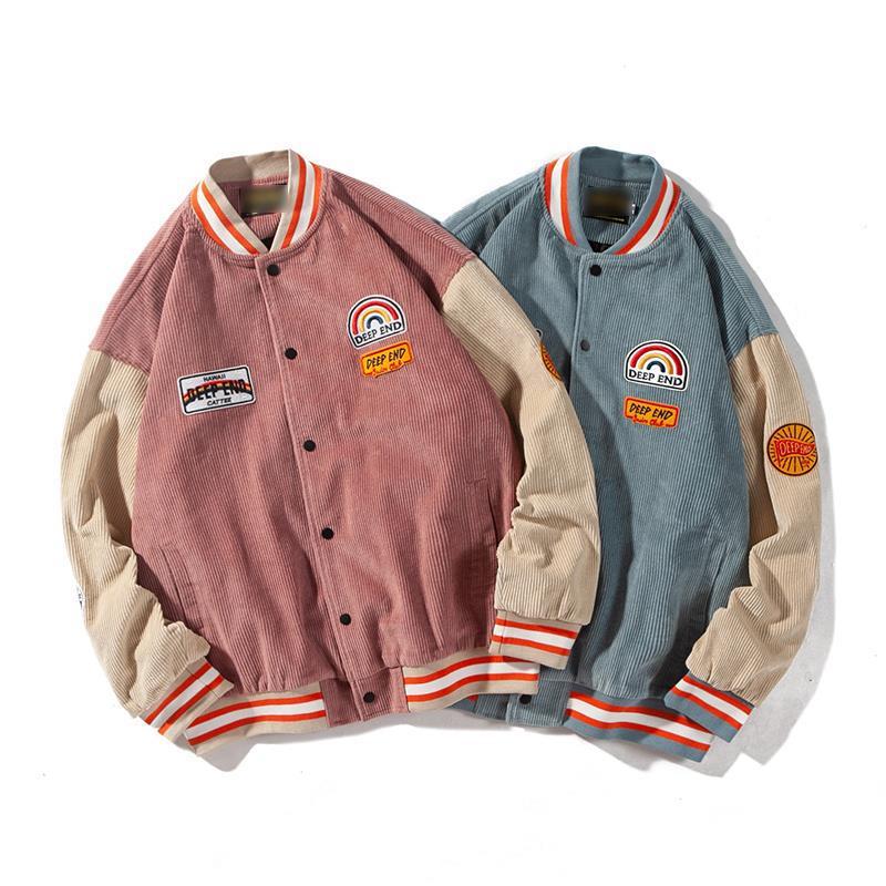 Men's Loose Color-block Corduroy Baseball Jacket Pi-Mart
