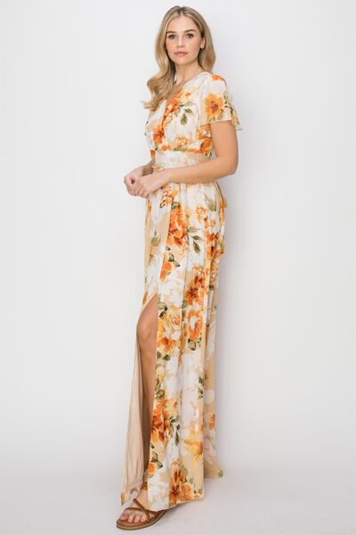 HYFVE Floral Tie Back Short Sleeve Slit Maxi Dress LuxuryLifeWay Online Store