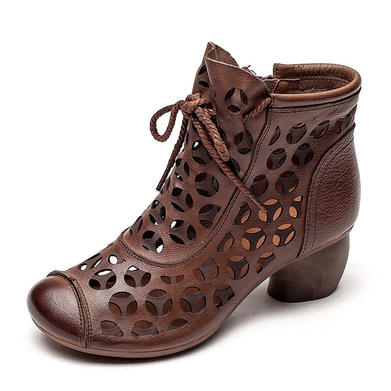 Comfortable Leather Women's Shoes Round Toe Mid Heel Chunky Heel Lace Up Sandals LadyShow.Store