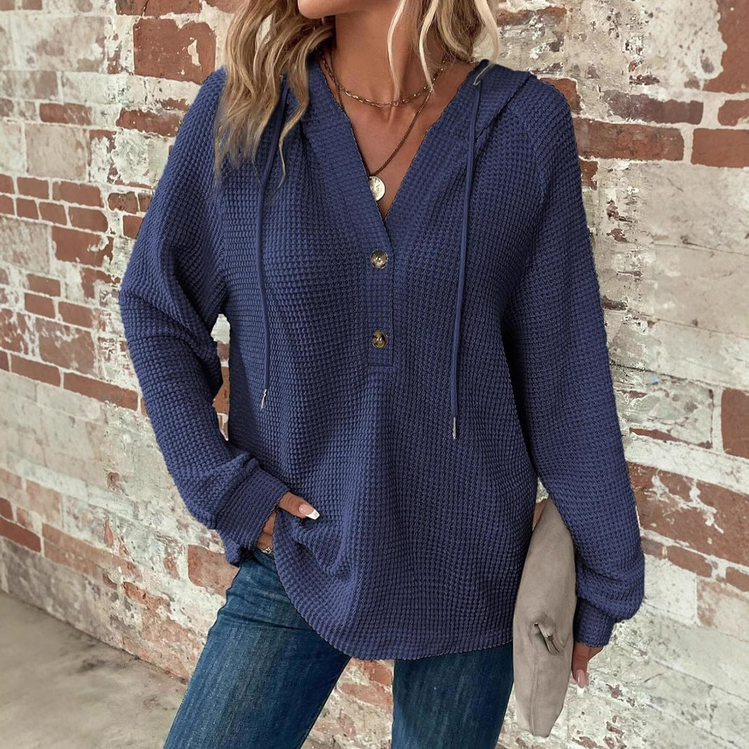 Waffle Hooded Sweater Sweatshirt Fashion Casual Long-sleeved Drawstring V-neck Buttons Top Women's Clothing NorixaFashion.com