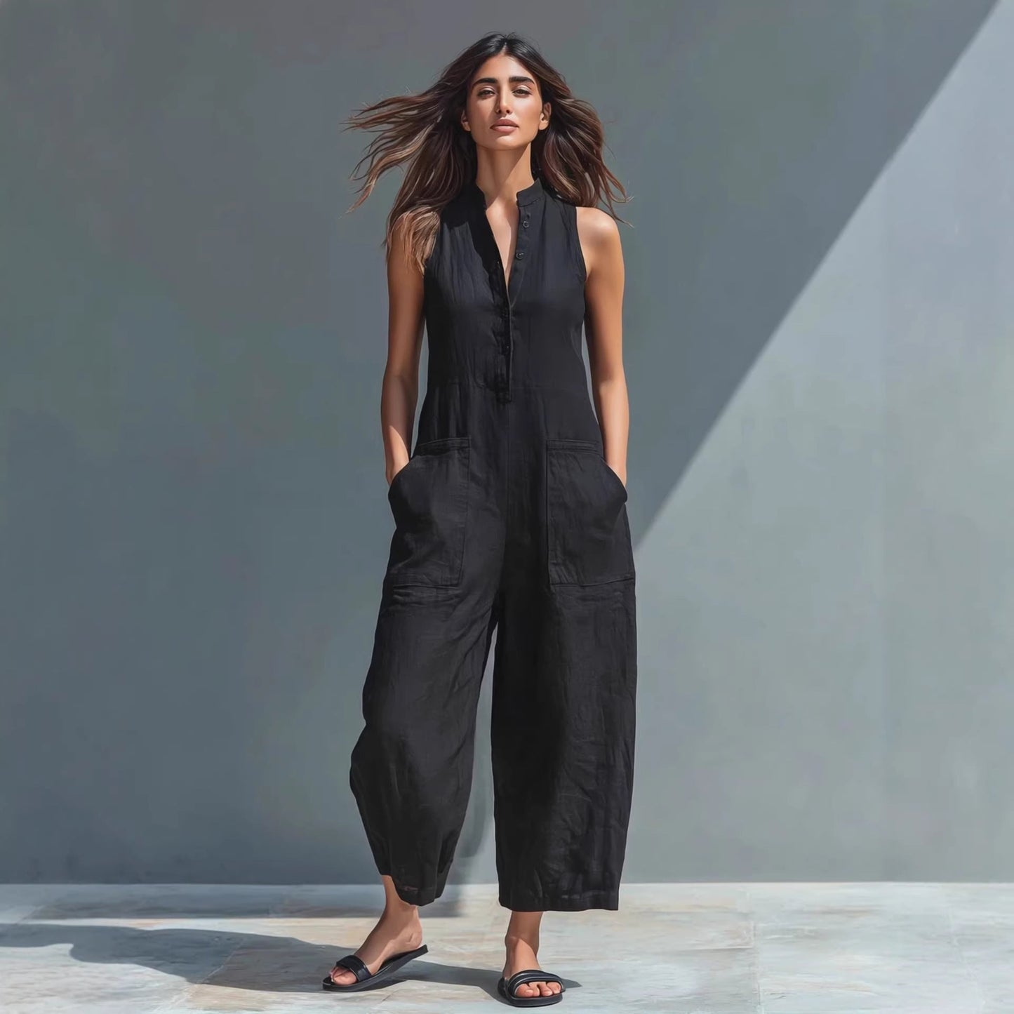 Summer Sleeveless Jumpsuit With Pockets Fashion Casual V-Neck Buttons Trousers Women's Overall Pants NorixaFashion.com