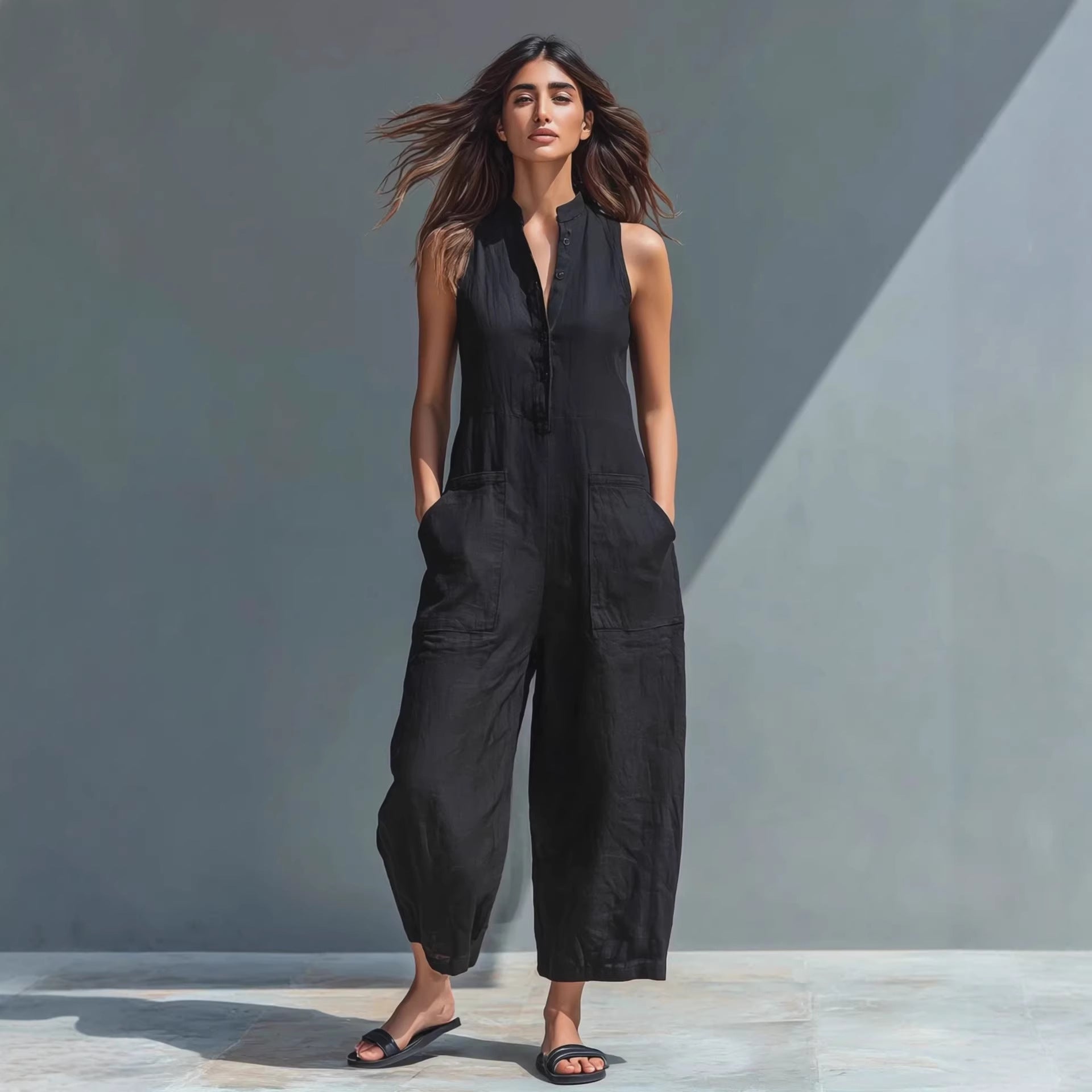 Summer Sleeveless Jumpsuit With Pockets Fashion Casual V-Neck Buttons Trousers Women's Overall Pants NorixaFashion.com