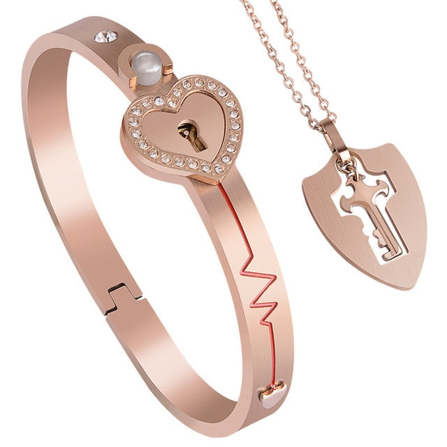 Stainless Steel Love Heart Lock Bangle Bracelet Pi-Mart