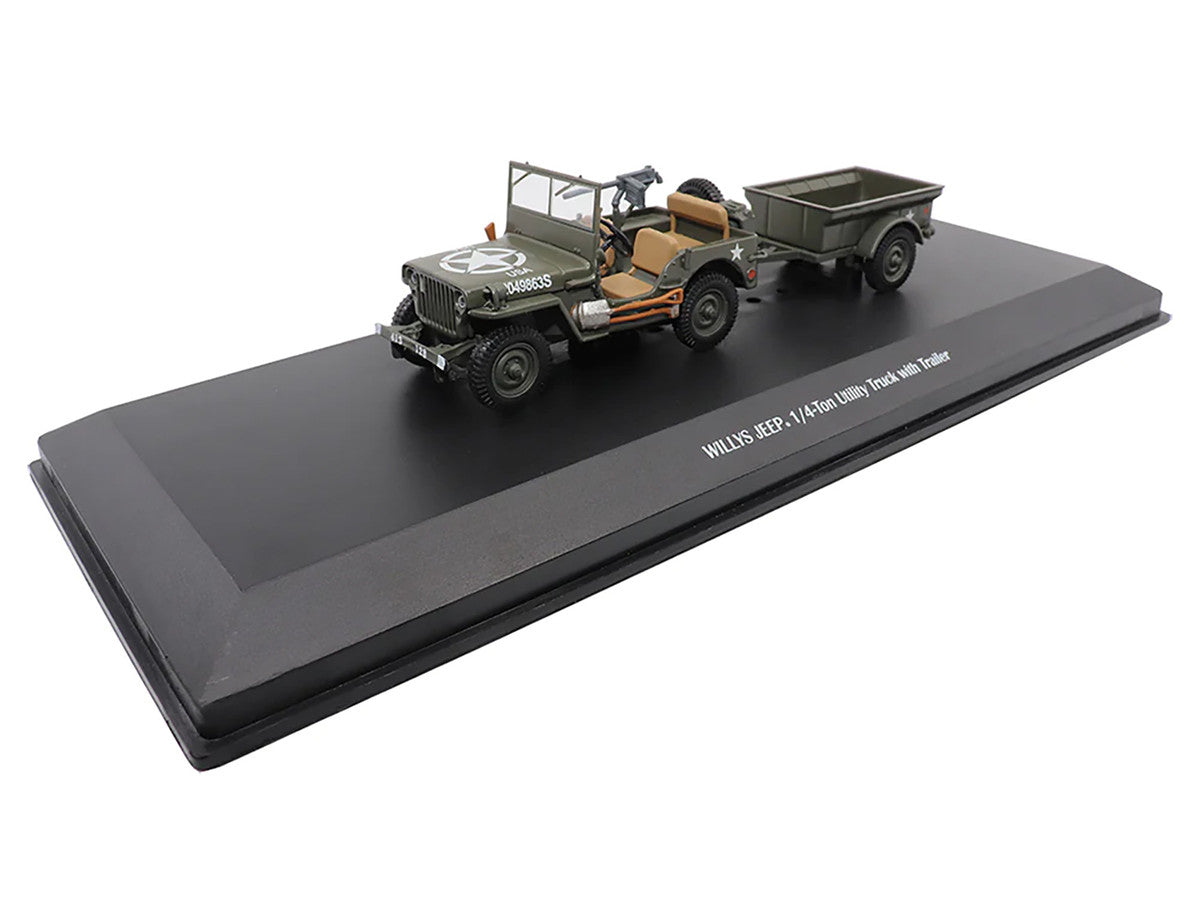 Willys Jeep 1/4-Ton Utility Truck Olive Drab with Trailer "United States Army" 1/43 Diecast Model by Militaria Die Cast LuxuryLifeWay Online Store