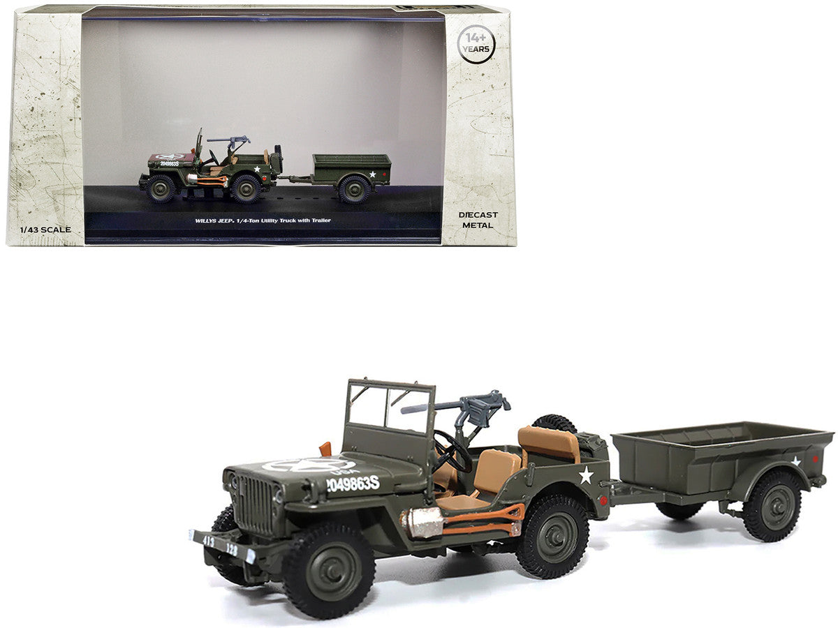 Willys Jeep 1/4-Ton Utility Truck Olive Drab with Trailer "United States Army" 1/43 Diecast Model by Militaria Die Cast LuxuryLifeWay Online Store