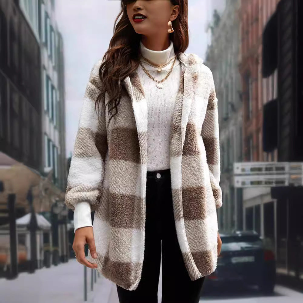 Coat Loose Plaid Color Stitching Knitted Cardigan Sweater NorixaFashion.com