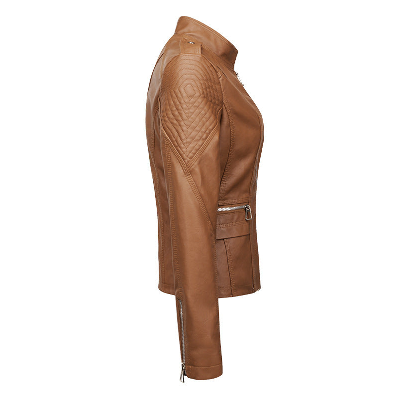 Women's Leather Jacket Women's Slim-fit Leather Jacket Women's Motorcycle Clothing PU Leather Women's Jacket Short Women's Leather Jacket Three-line Craft LadyShow.Store