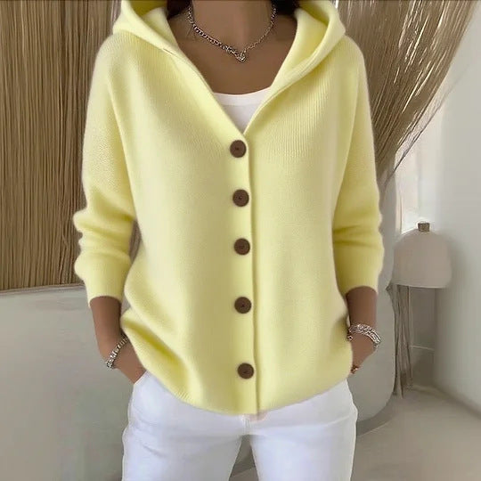 Ins Button Hooded Sweater Fashion Autumn And Winter Knitted Cardigan Casual Commuter Long Sleeve Top Women's Clothing NorixaFashion.com