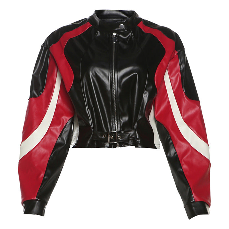 Motorcycle Slim Round Neck PU Leather Jacket LadyShow.Store