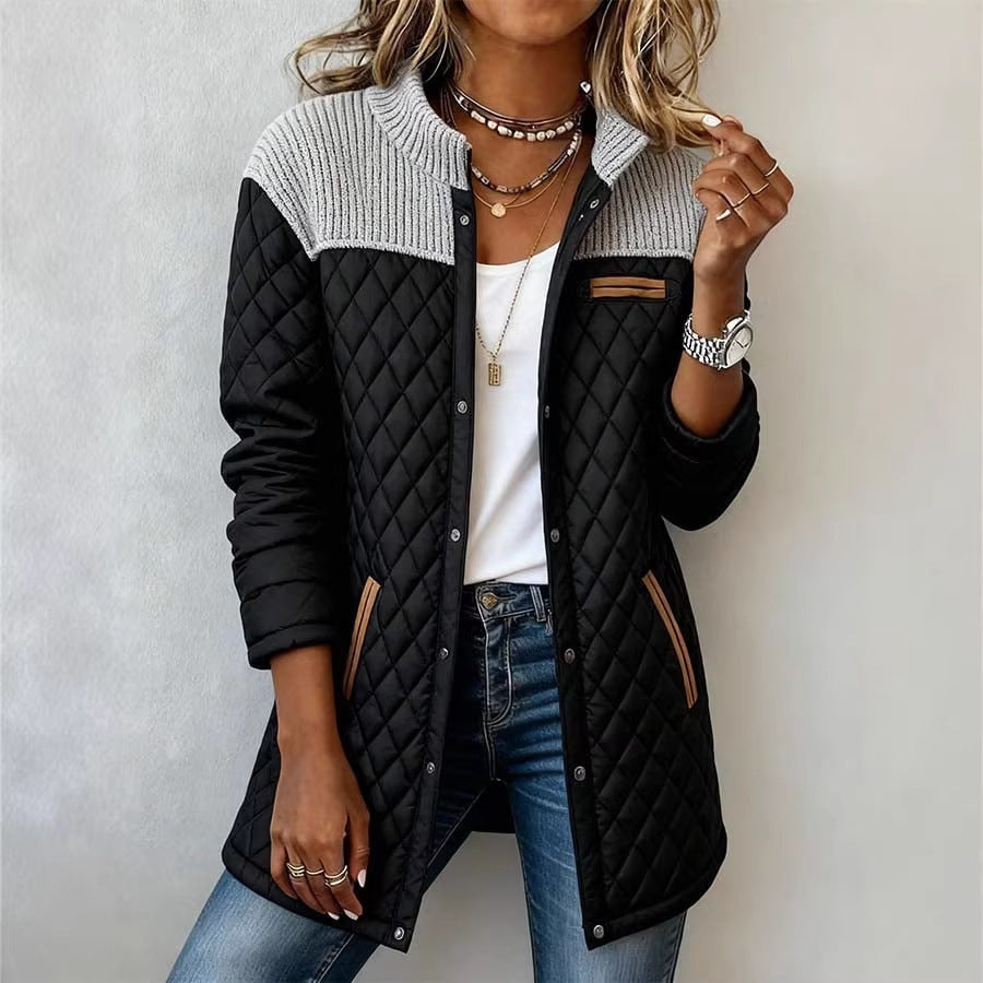 European And American Patchwork Off-shoulder Long Sleeve Pocketed Relaxed-fit Diamond Quilted Jacket NorixaFashion.com