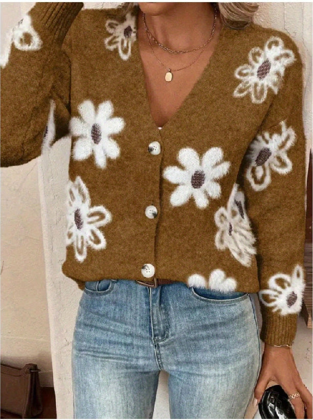 Flowers Print Button Front Cardigan NorixaFashion.com