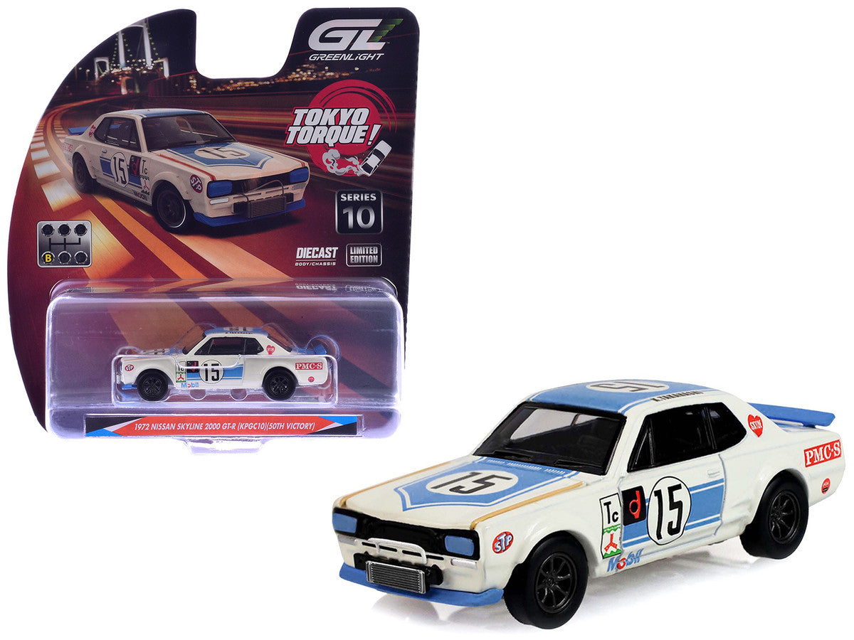 1972 Nissan Skyline 2000 GT-R (KPGC10) RHD (Right Hand Drive) #15 Kunimitsu Takahashi "50th Victory" White with Blue Stripe "Tokyo Torque" Series 10 1/64 Diecast Model Car by Greenlight LuxuryLifeWay Online Store