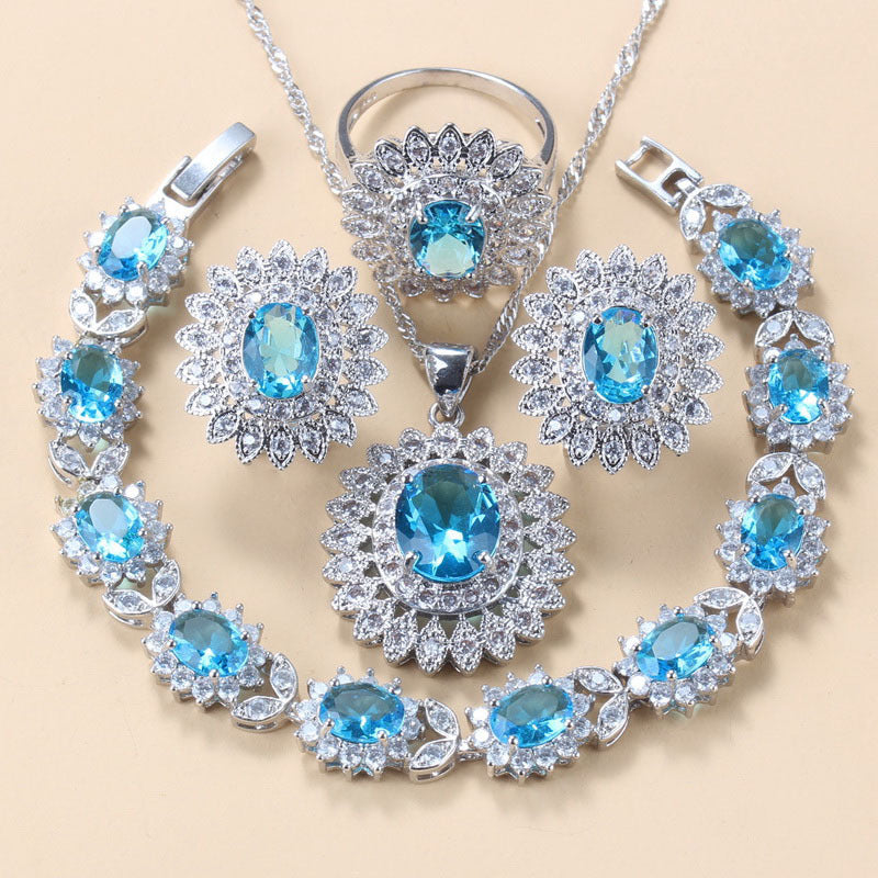Garnet Cubic Zirconia Earrings Pendant Necklace Bracelet Ring Gift 4 PCs Set LadyShow.Store
