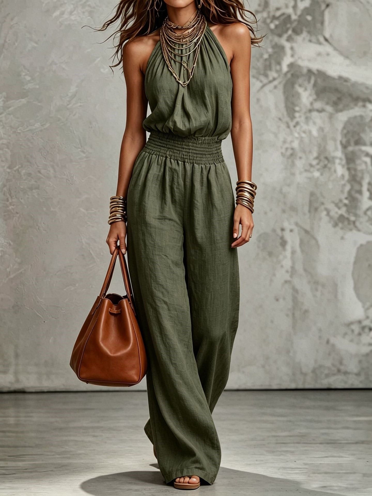 Womens Sleeveless Jumpsuit Backless Lace-up Halter Overall Pants Wide-leg Straight Onesie Trousers NorixaFashion.com