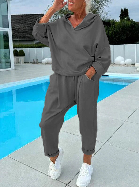 Women's Solid Color Hooded Sweatshirt Two-piece Set LadyShow.Store