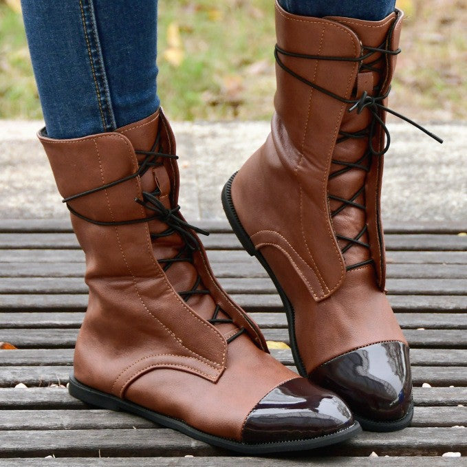 Mid-tube Locomotive Boots Lace-up Black Low-heeled LadyShow.Store