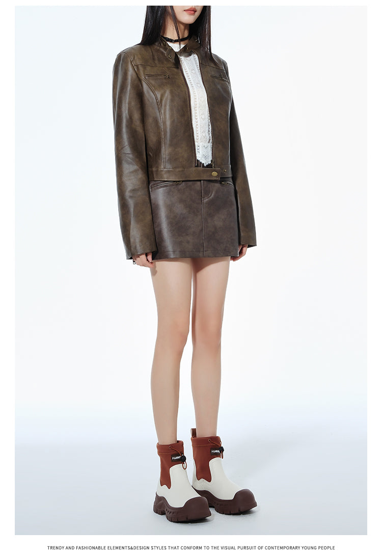Short Leather Jacket Slim Brown Jacket Motorcycle Jacket LadyShow.Store