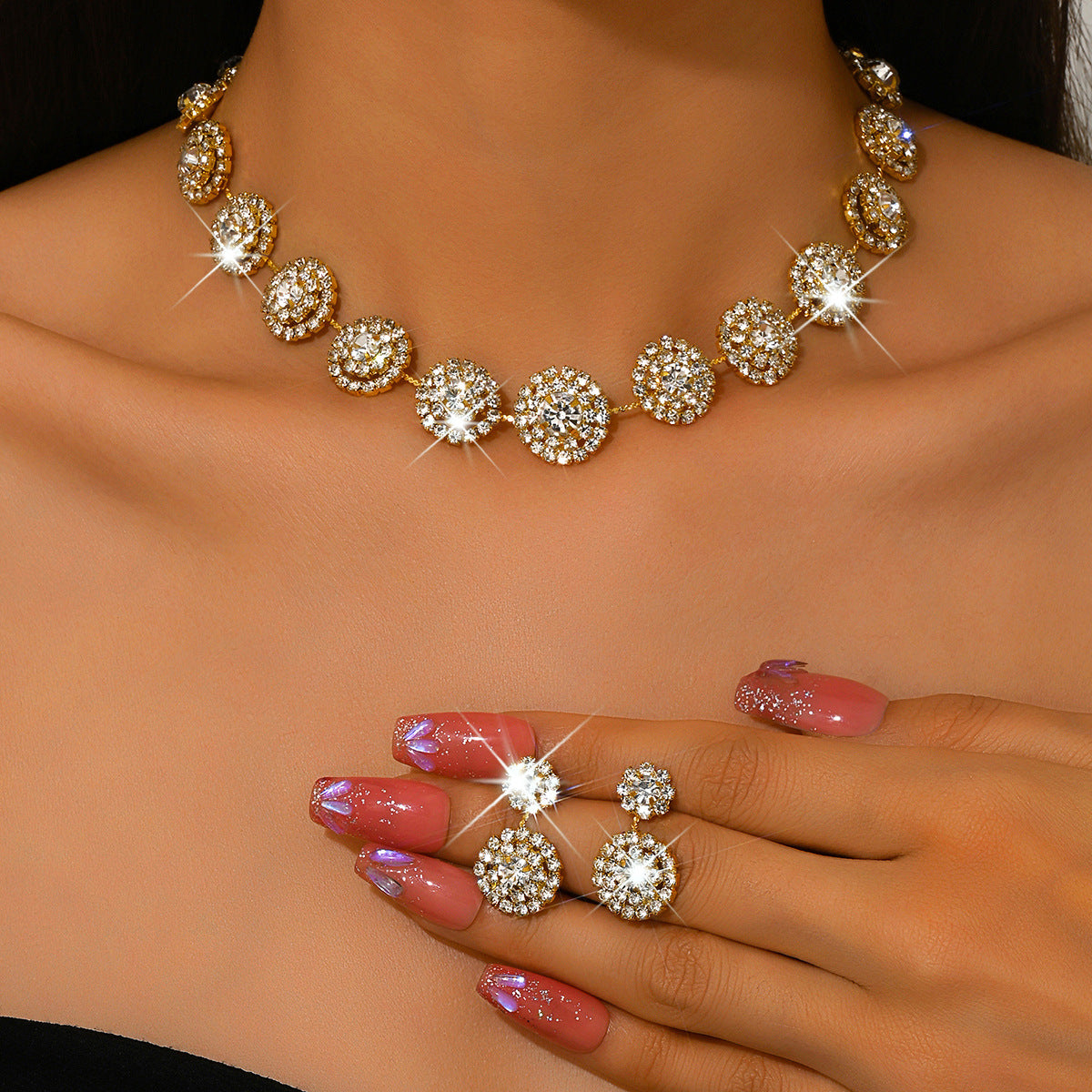 Popular Luxury Round Rhinestone Quartz Necklace And Earring Suit LadyShow.Store