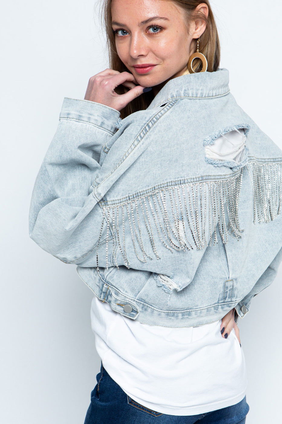 Ripped Rhinestone Denim Jacket Tassel Long Sleeve Denim Jacket