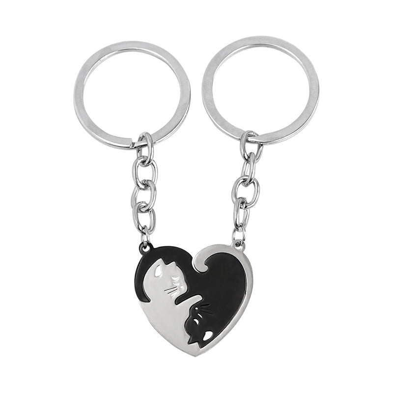Love Heart Black White Cats Stainless Steel Couple Keychains LadyShow.Store
