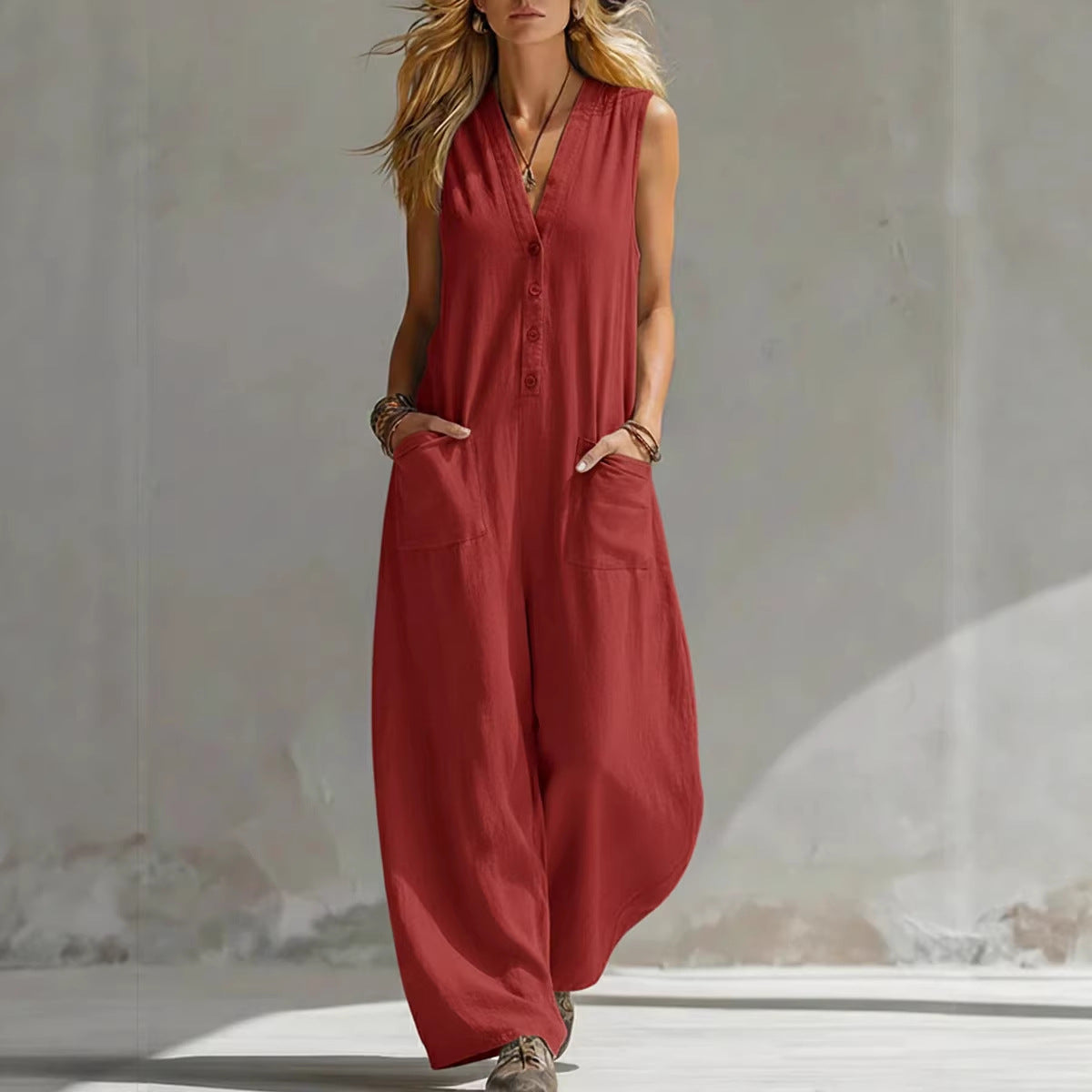 SpringSummer Womens Casual Linen-Cotton Sleeveless Jumpsuit LadyShow.Store