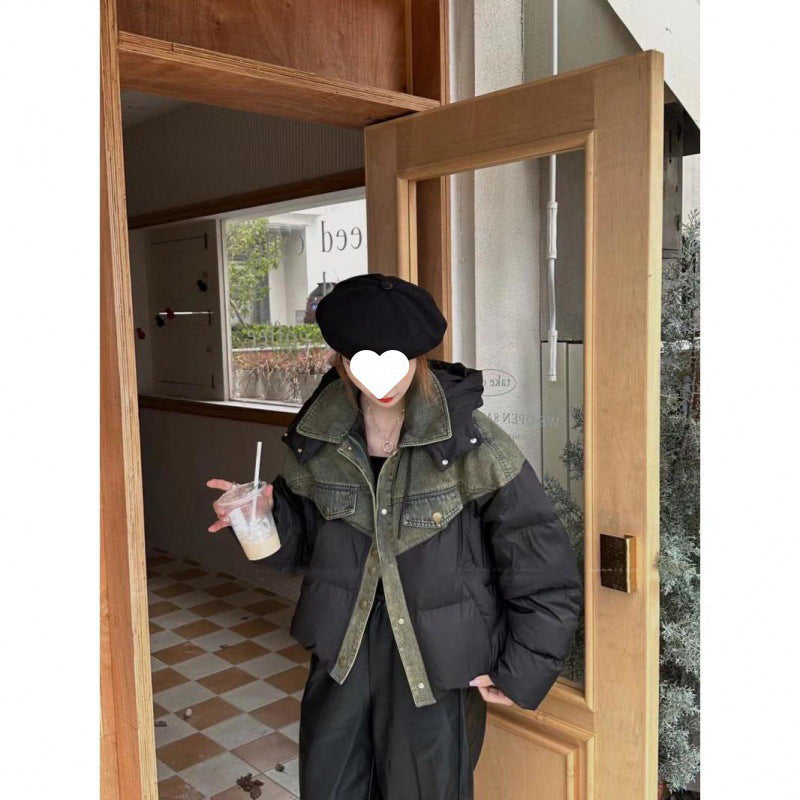 Winter Denim Stitching Hooded Down Jacket Short Loose And Warm White Duck Down Coat Best YouTube Store