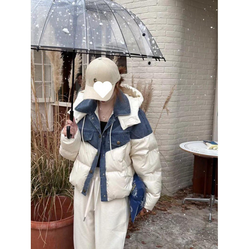 Winter Denim Stitching Hooded Down Jacket Short Loose And Warm White Duck Down Coat Best YouTube Store