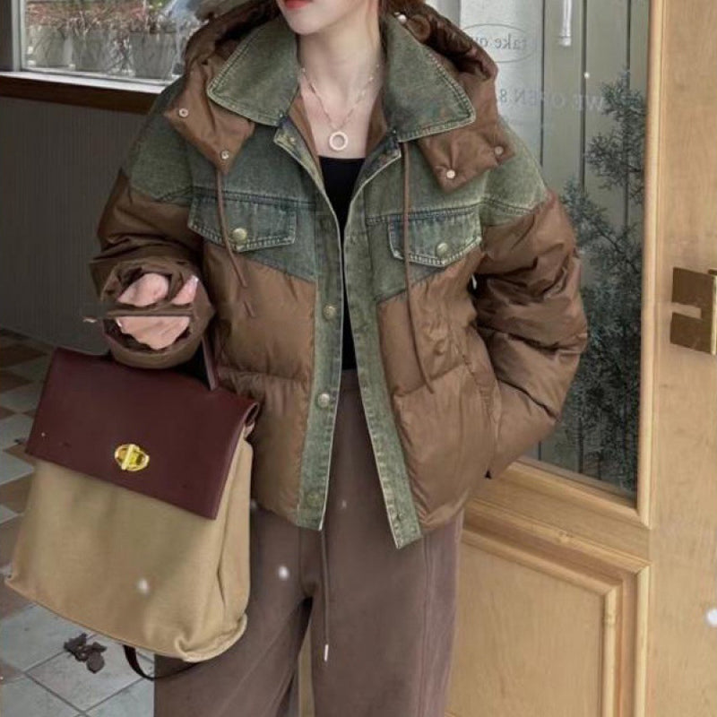 Winter Denim Stitching Hooded Down Jacket Short Loose And Warm White Duck Down Coat Best YouTube Store