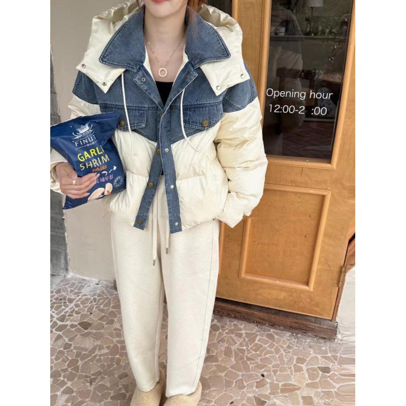 Winter Denim Stitching Hooded Down Jacket Short Loose And Warm White Duck Down Coat Best YouTube Store