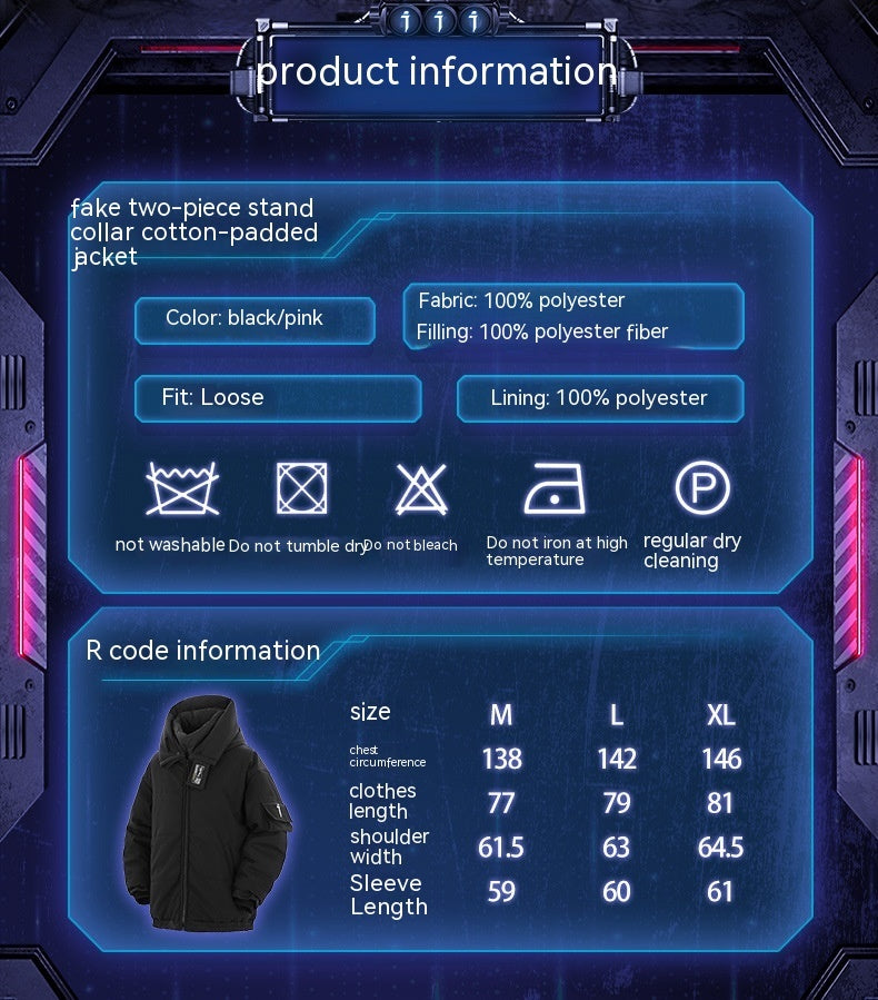 New Fake Two-piece Stand Collar Hooded Cotton Coat Jacket Men Best YouTube Store