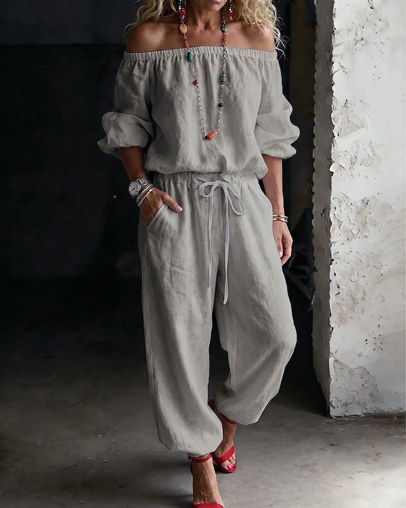 One-shoulder Top And Casual Drawstring Jogger Pants Jumpsuit Set NorixaFashion.com