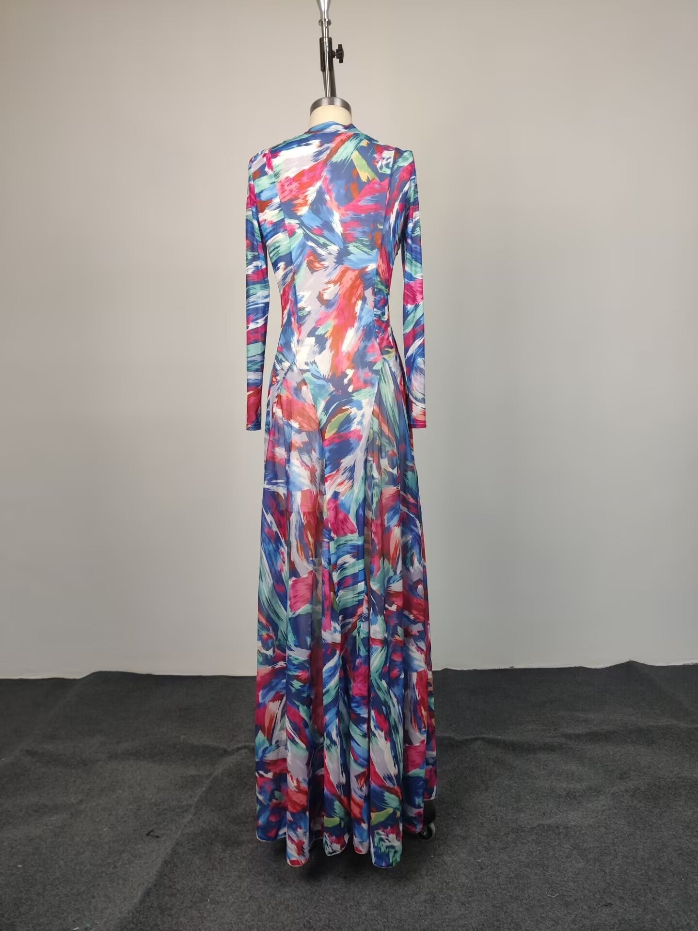 Multicolor Abstract Print Long Sleeve Maxi Dress NorixaFashion.com