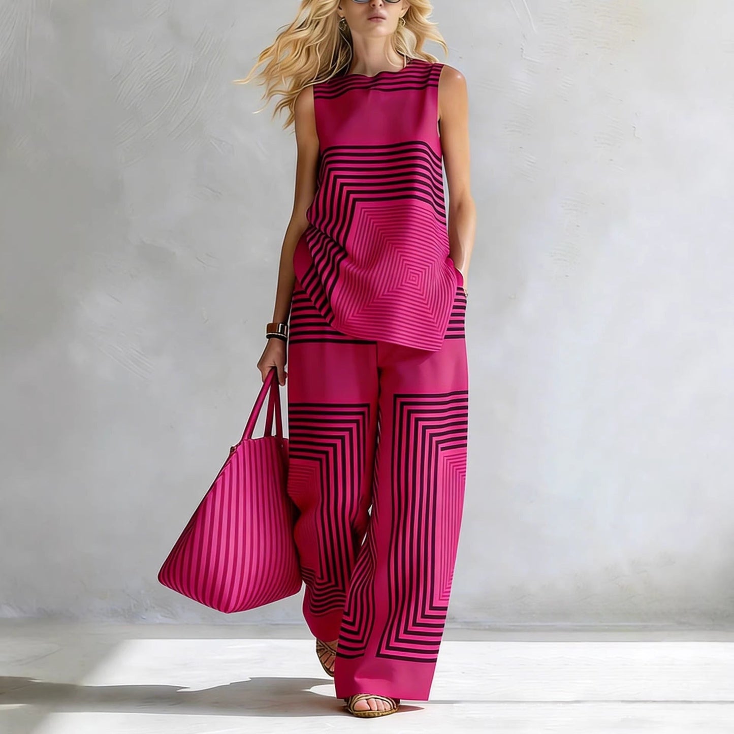 Lightweight Geometric Striped Sleeveless Top And Wide-leg Pants NorixaFashion.com