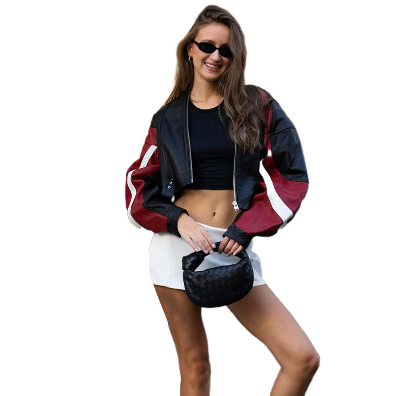 Motorcycle Slim Round Neck PU Leather Jacket LadyShow.Store