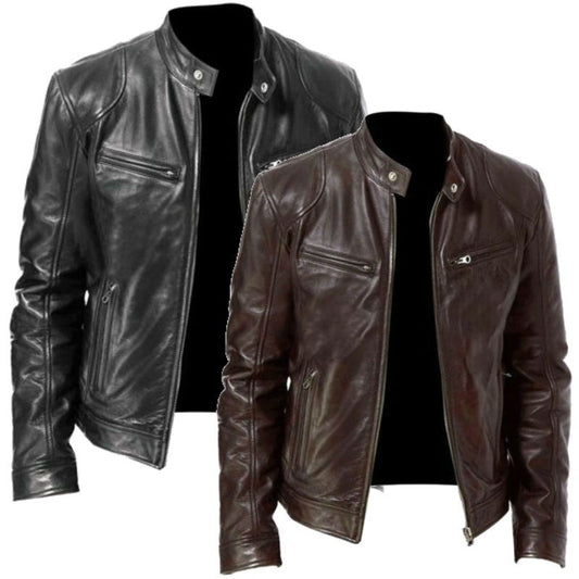 Slim Fit PU Leather Jacket - Stand Collar Youth Biker Jacket with Metal Details
